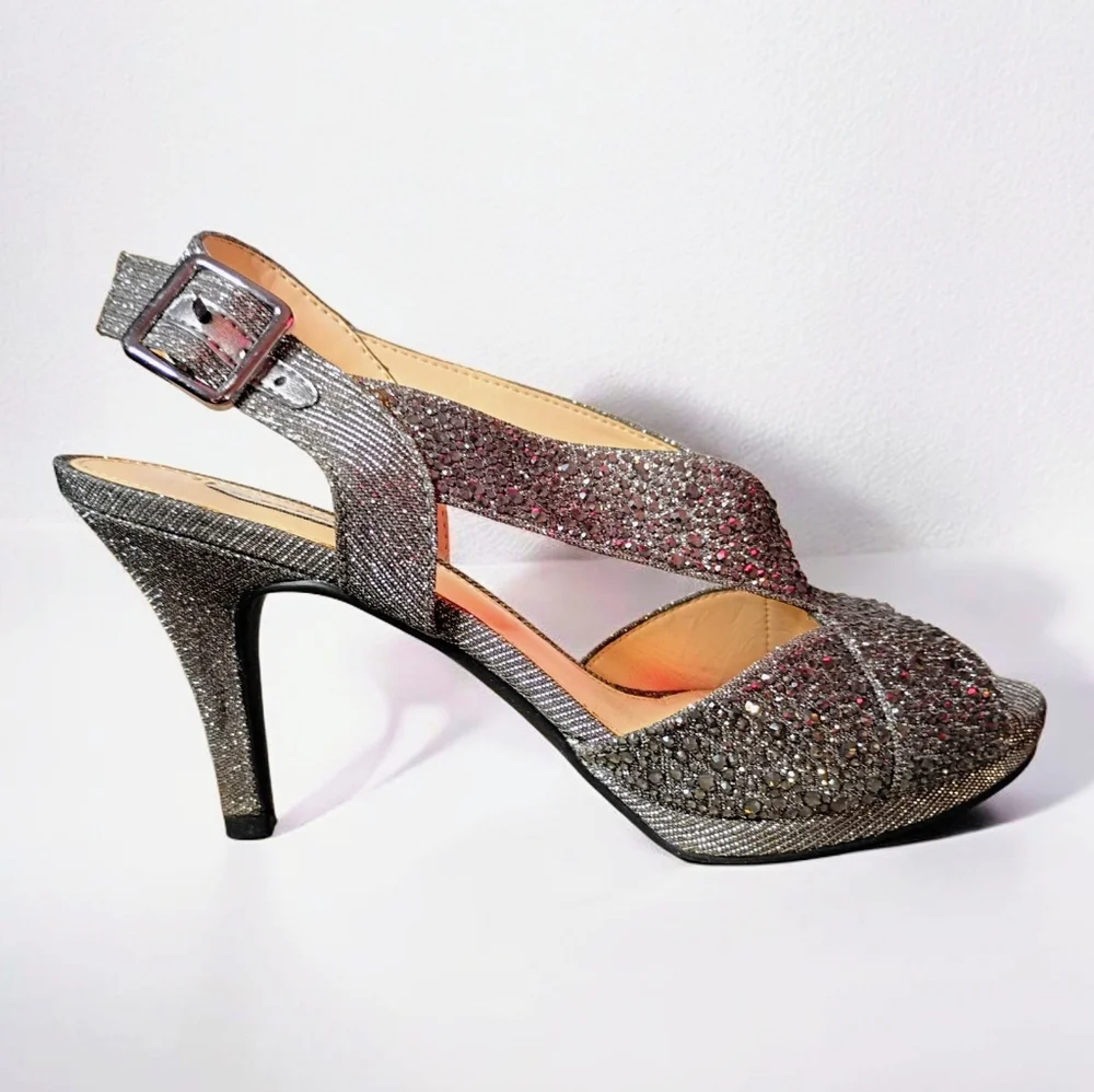 Alex Marie Silver Rhinestone Heels – Luxe Glam Elegant Slingback Open Toe 7.5 - Picture 4 of 10